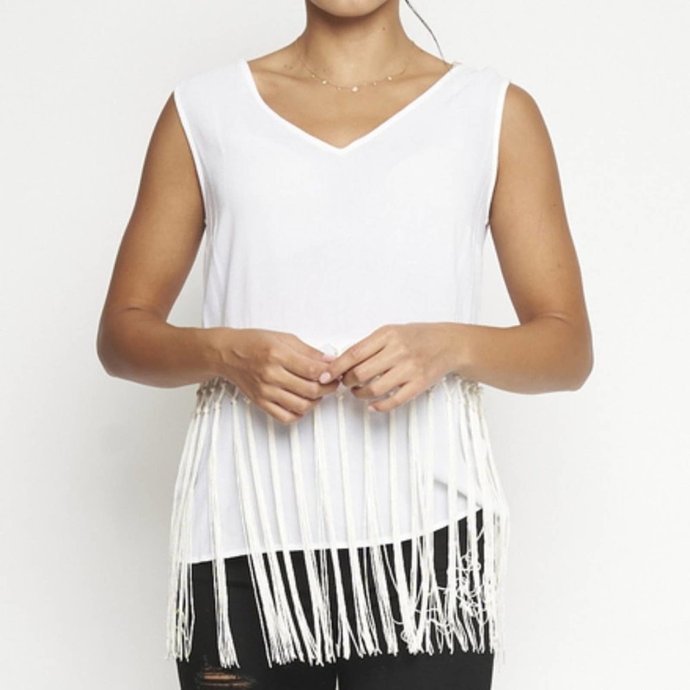 White V neck Fringed Top